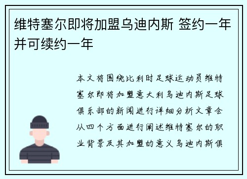 维特塞尔即将加盟乌迪内斯 签约一年并可续约一年